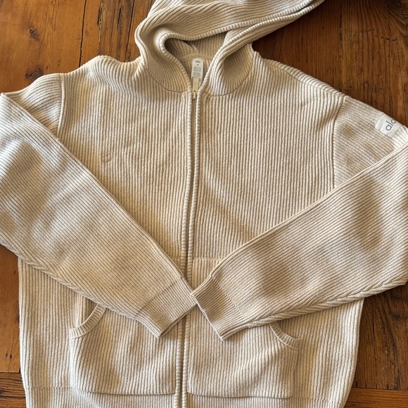 Alo Men's Beige Domain Rib Knit Hoodie - Picture 1 of 6